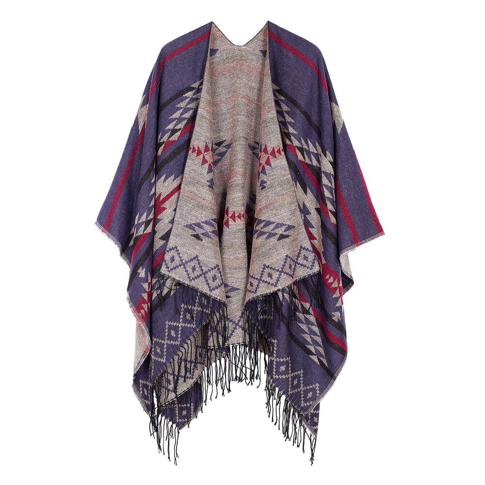 7442 Women's Warm Shawls Wraps Open Front Cardigan Vintage Pattern Poncho
